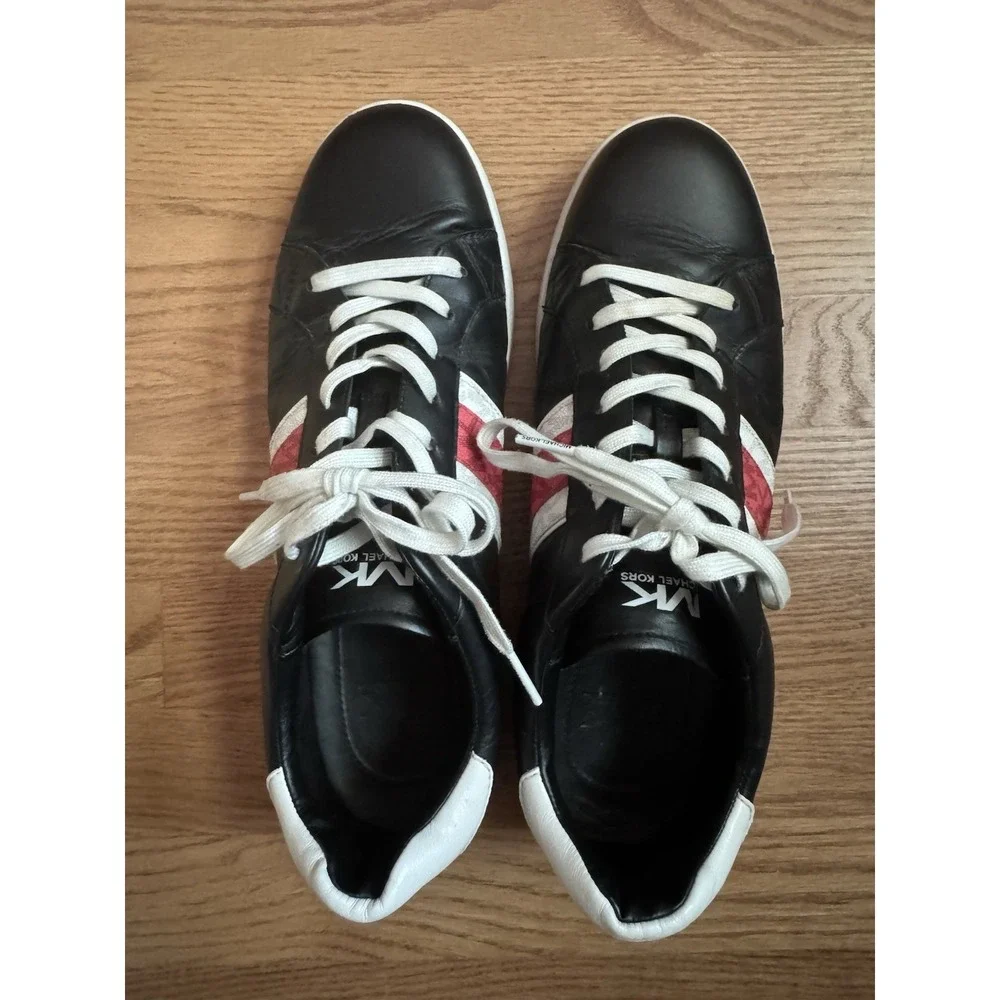 Michael Kors Black Leather Sneakers White Red MK Logo Stripe Trainers Womens 10M